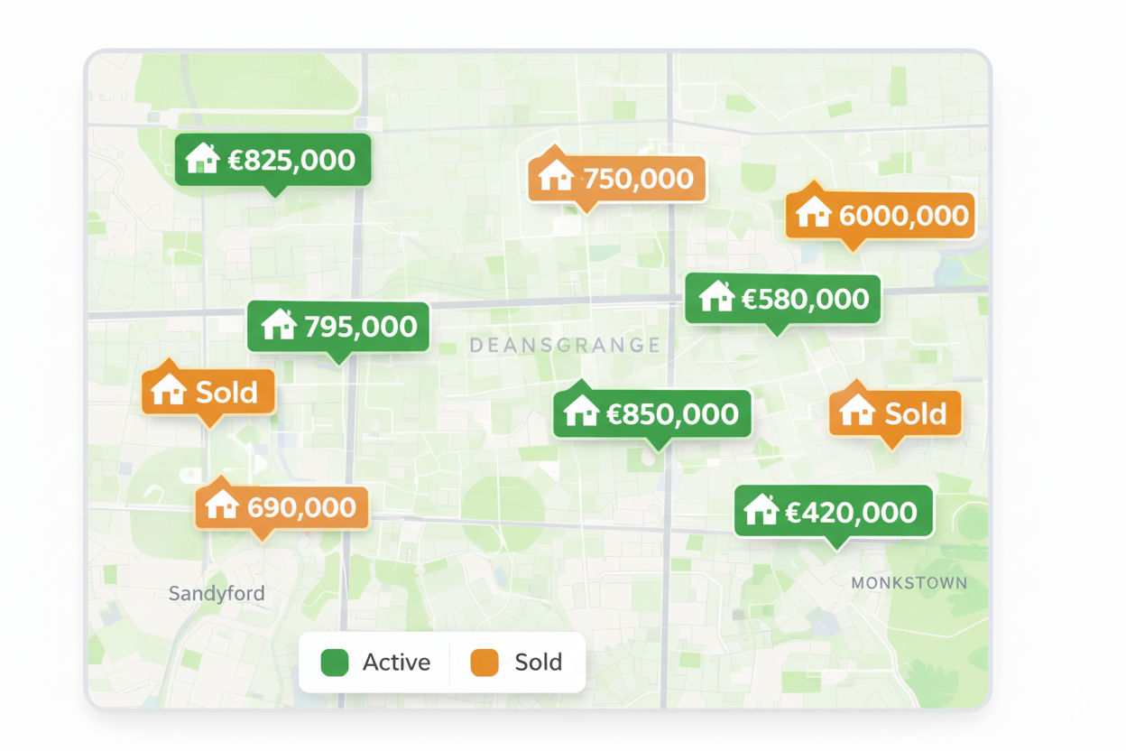 Map showing active and sold properties across Dublin